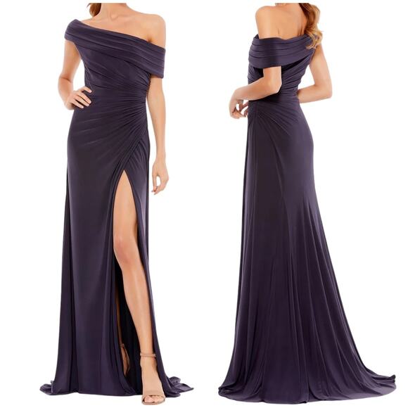 Mac Duggal NWT Foldover Ruched Jersey Off-The-Shoulder Slit Gown Sz 12 Charcoal - Picture 1 of 9